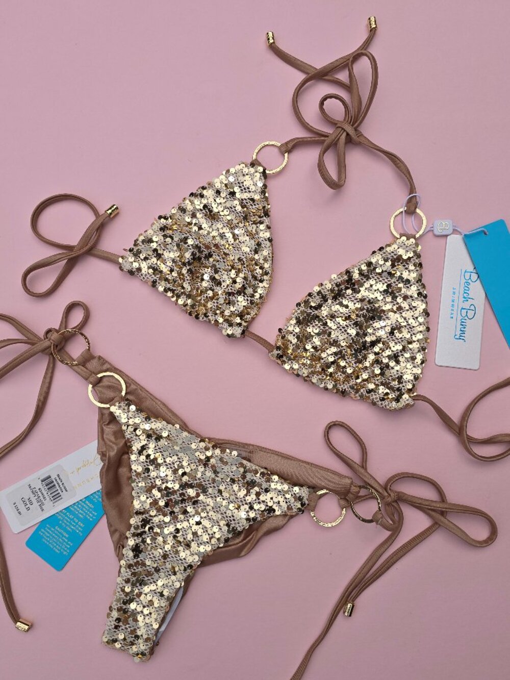 BEACH BUNNY Gold Sequin Paparazzi Top M L Tie Side Bottom M Bikini $250 NWT